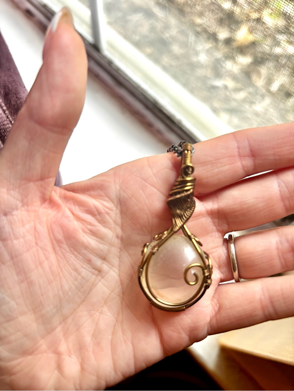 Gold Wire-Wrapped Selenite Pendant Necklace
